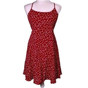 Women’s Red Heart Print Sundress Spaghetti Strap Fit & Flare Summer‎ Dress Sz Lg